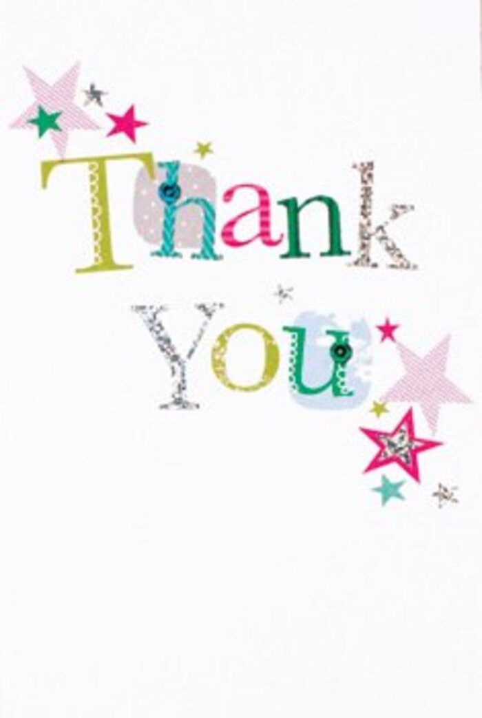 With a design that feels both modern and celebratory, this thank you card delivers its message with the refined cheer so often seen around the homes and small shops of South Tottenham. The typography is a visual symphony: each letter exudes its own character-some playfully adorned with dots resembling the mosaic public art installations, others with sweeping, musical curves that feel energetic and spontaneous. Flashes of shimmering silver highlight certain characters, letting them gleam softly as late afternoon light might filter through Tottenham's leafy rows. Stars burst in clusters around the message: some striped with vivid magenta, others deeply turquoise or elegantly silvered, suggesting festive confetti after a North London fete. The overall composition is airy, with each colourful stroke and starlit accent breathing against a spotless white background. It's neither too formal nor overly casual, making the card a versatile accompaniment-equally at home beside a romantic bouquet or as a cheerful thank you left on a neighbour's doorstep. The craftsmanship speaks to the local artistry and vibrant connections that define South Tottenham, bringing joy and tangible thanks in every detail.