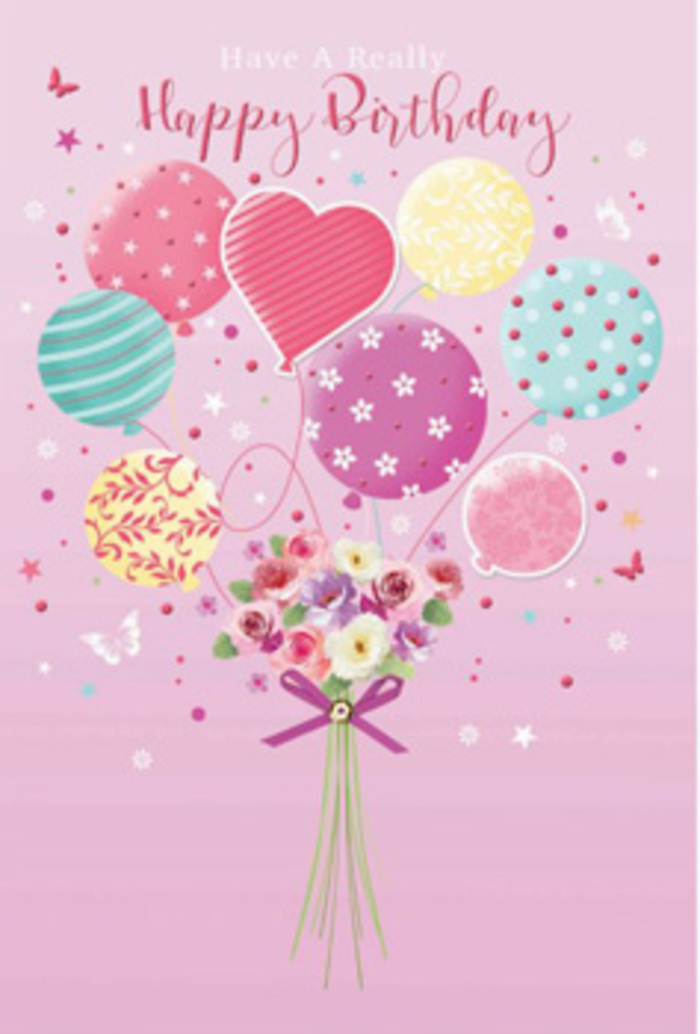This illustrated birthday card design captures the gentle jubilation of a pastel celebration, as if a little garden party has risen into the sky above South Tottenham. A cluster of balloons forms the focal point, each one rendered in soft washes of colour-pale sunshine yellow, rosy fuchsia, sea green, and lavender. Their surfaces seem lightly reflective, as though catching a mellow, indoor glow like you'd see through a café window on Philip Lane. Patterns swirl across the balloons: thin spiralling ribbons, confetti-like polka dots, delicate floral motifs, and a central heart shape that suggests affection and warmth. From this floating arrangement hangs a hand-tied bouquet of birthday blooms, gathered tightly at the base. Petite roses and daisy-like flowers sit side by side, their petals layered and velvety, shifting from creamy ivory at the edges to deeper rose and mauve tones toward the centre, as if brushed by early-morning light. A slender purple bow wraps the stems, its satin texture crisp yet fluid, like it's just been tied by a careful florist's hands. Around the balloons and flowers, tiny stars and whimsical butterflies appear to flit, giving the whole scene a sense of movement, as though a light breeze might be carrying it over local gardens near Chestnuts Park. The overall mood is tender, joyful, and slightly dreamy, evoking the feeling of being truly cherished on your birthday. This is a celebration in soft focus-a harmonious blend of pastel balloons, fresh flowers, and imagined fragrance, created with the kind of thoughtful detail a local South Tottenham florist would bring to a special birthday delivery.