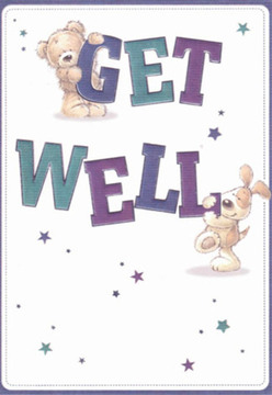 A scene of gentle comfort and playful optimism unfolds on this get well card, reminiscent of mornings spent near South Tottenham's Downhills Park. The card features an endearing teddy bear perched above the robust, deep-purple shaded word 'GET,' while a cheerful, floppy-eared pup nuzzles against the lively 'WELL' below. Their soft outlines and affectionate expressions speak of nurturing care-a feeling often sought by families seeking comfort after a hospital visit in Haringey. The bold letters, shaded in vibrant indigos and serene teals, lift the spirit, while scattered stars add dashes of magic and hope. The crisp white background enhances the design's clarity and purity, mirroring the fresh, invigorating air along West Green Road. Like a florist creating a restorative bouquet with hand-chosen blooms, every detail here is intended to bring a sense of lightness, reassurance, and gentle encouragement to whoever receives it.