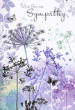 This sympathy card unfolds like a soft, visual whisper, the kind of quiet comfort you might sense wandering past a peaceful corner of South Tottenham in the early evening. Airy silhouettes of wildflowers with delicate umbel-shaped heads rise in clusters, their slender stems painted in fine, almost calligraphic lines. The colour palette leans towards gentle shades of lavender, dusky lilac, and muted indigo, washed over with hints of silvery green that suggest dew-laced foliage. Each floral form feels almost weightless, as though floating in a light breeze off the nearby parks and tree-lined streets, their petals semitransparent against the softly blended background. That backdrop, a dreamy blend of pale purples and cool blue-greys, has the softness of watercolour bleeding into textured paper, creating a sense of depth without any hard edges. Butterflies drift near the upper stems, lightly sketched in translucent tones, evoking the idea of spirits at peace or tender moments of transformation. The mood is contemplative and soothing, like standing still on a quiet part of Seven Sisters Road just as the day pauses. Across this calm scene, the words "With Sincere Sympathy" (or a similarly gentle message) appear in graceful script, their dark, slender strokes echoing the stems below. Every element is understated yet intentional, much like the way a local florist composes a sympathy bouquet-nothing showy, only shapes and colours chosen to cradle the emotions of grief. The card becomes a gentle, respectful way to say, "I'm here for you," when words alone feel too small.