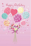 The image shows a whimsical birthday card scene where balloons and flowers combine into one airy celebration, evoking the relaxed, friendly energy of South Tottenham on a sunny morning. A bouquet of balloons seems to float upward, tethered to a compact cluster of fresh blooms at the base. Each balloon has its own personality: one twirls with candy-coloured stripes in rose pink and teal, another is scattered with playful polka dots in lemon and lavender, and a softly glowing heart-shaped balloon sits near the centre like a gentle declaration of love. Their pastel colours-powder pink, sea green, warm yellow, and lilac-blend harmoniously against a soft pink background. From this cloud of colour descends a birthday bouquet of roses and anemone-like blossoms in creamy ivory, blush, and muted mauve. The flowers look freshly cut, with full, feathery petals that almost invite you to imagine their mild, sweet fragrance, like walking past a flower stall on West Green Road just after opening time. A neat violet satin bow ties the stems together, catching the light in a subtle shimmer that matches the sheen on the balloons above. Tiny stars and a few delicate butterflies float around the composition, suggesting a touch of magic, as if the whole arrangement is gently rising over local parks and side streets. The overall feeling is light, uplifting, and joyfully celebratory, turning a simple birthday greeting into an enchanting, pastel-toned moment that speaks of thoughtfulness and care.